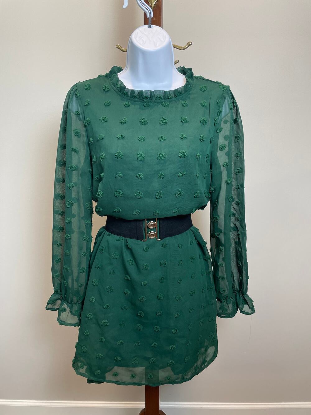 Adibosy Green Chiffon Blouson Dress Embroidered Polka Dot Puff Sleeve Size M NWT